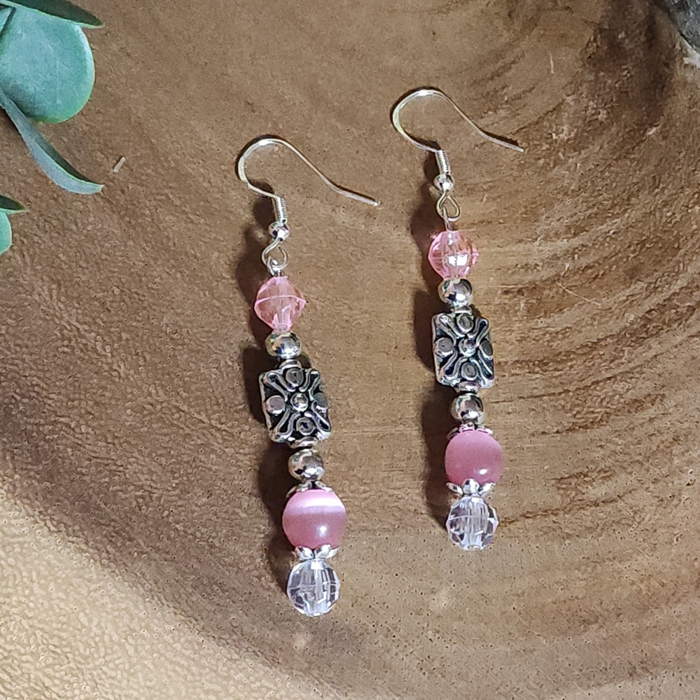 Elegant Dangle Hook Earrings Pink Cats Eye Glass Beads With Silver Toned Accents